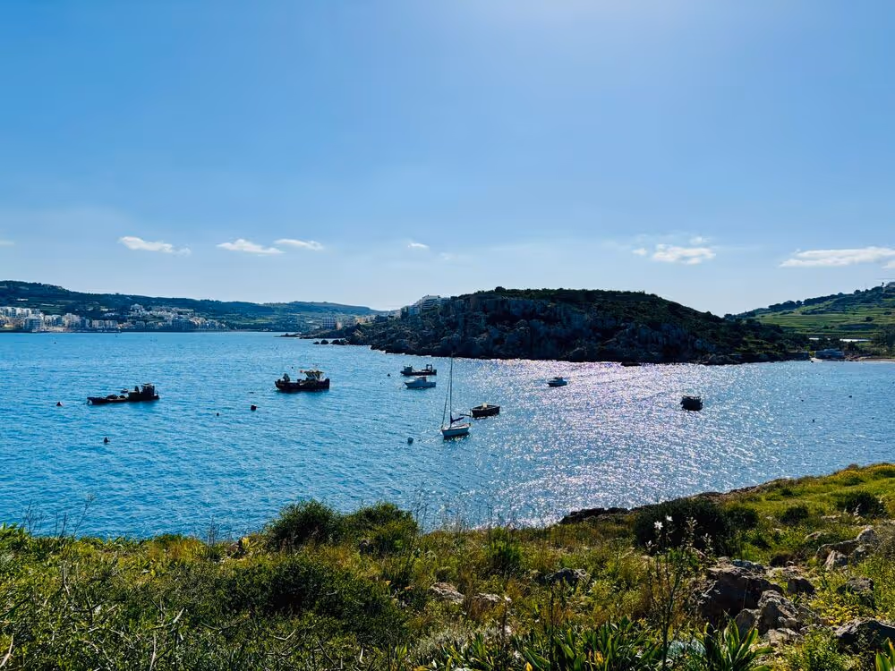 eine malerische Küstenlandschaft, wahrscheinlich eine Bucht oder eine große Bucht, mit mehreren Booten, die im klaren blauen Wasser vor Anker liegen. von Persönlichkeitsentwicklung