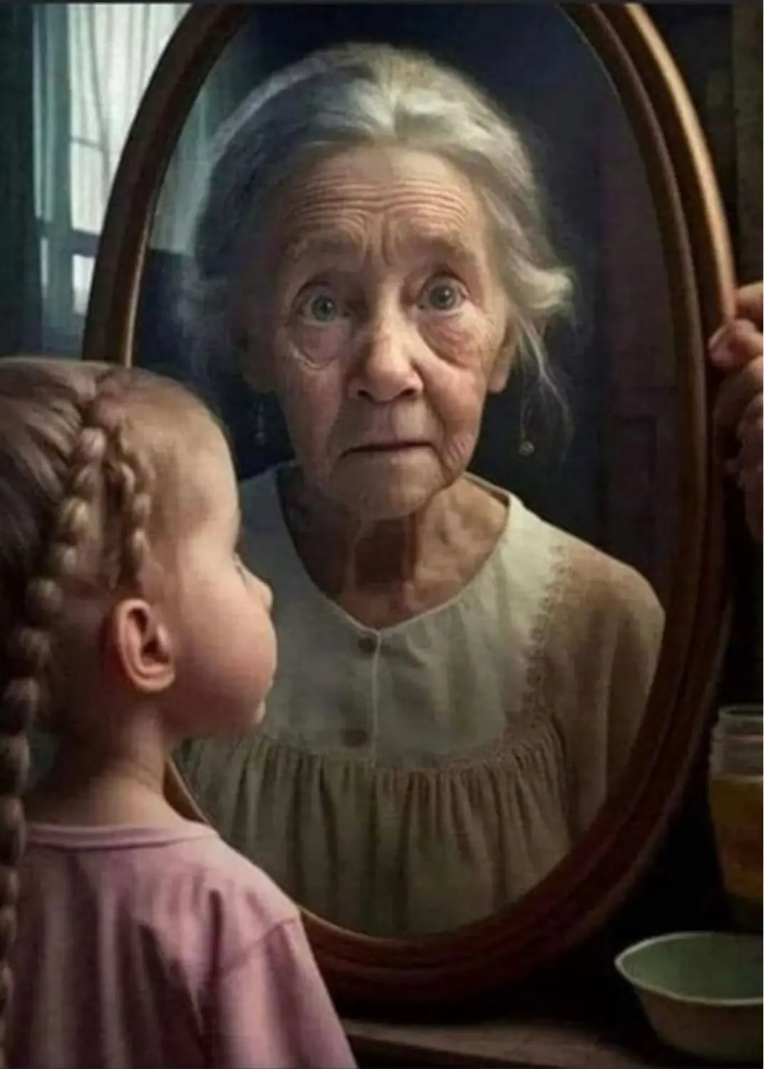 Mädchen sieht eine alte Frau im Spiegel – Persönlichkeitsentwicklung