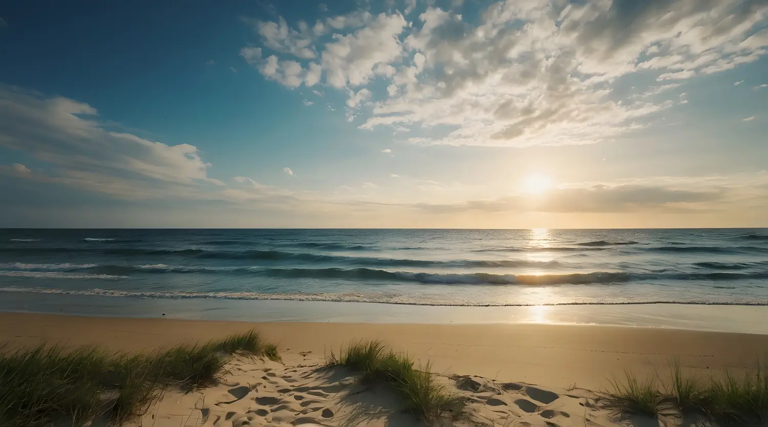 Landschaftsfoto mit Strandblick am Nachmittag, Meereswellen bei strahlender Sonne, brauner Strand